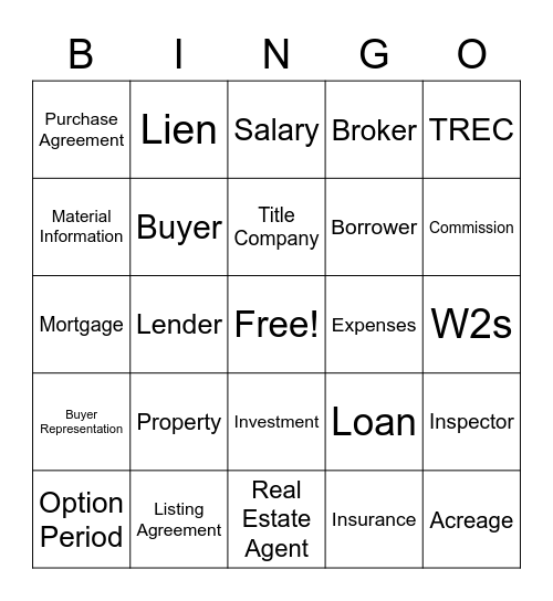 Real Estate Bingo Card