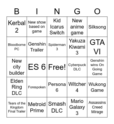 TGA 2022 Bingo Card