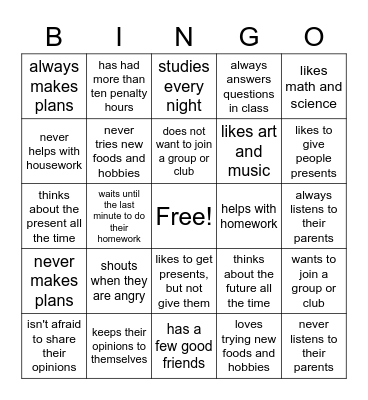 Personality Bingo Card