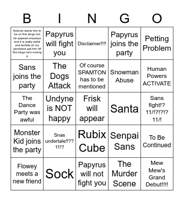 Inverted Fate Snowdin Arc Bingo!!!! Bingo Card