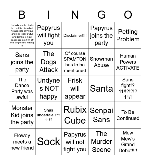 Inverted Fate Snowdin Arc Bingo!!!! Bingo Card