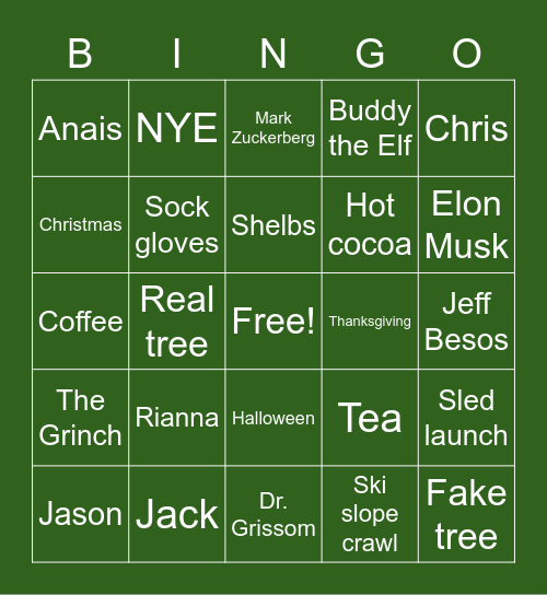 Holiday Hangout Bingo Card