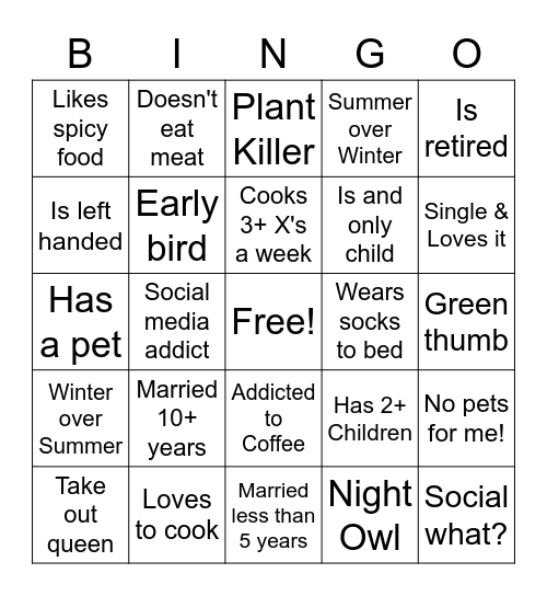 Meal with Matrons & Misses Bingo Card