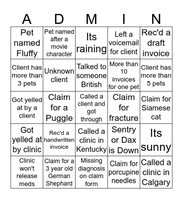 Admin Bingo Card