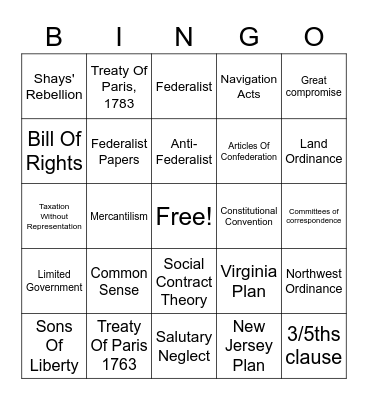 US Colonization and Revolution Vocab Bingo Card