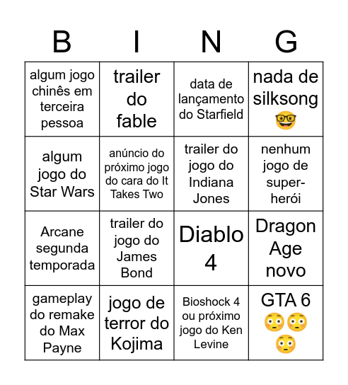 Game Awards Bingo Card