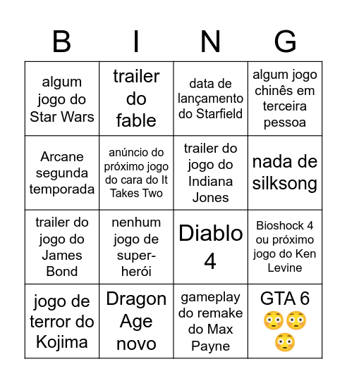 Game Awards Bingo Card