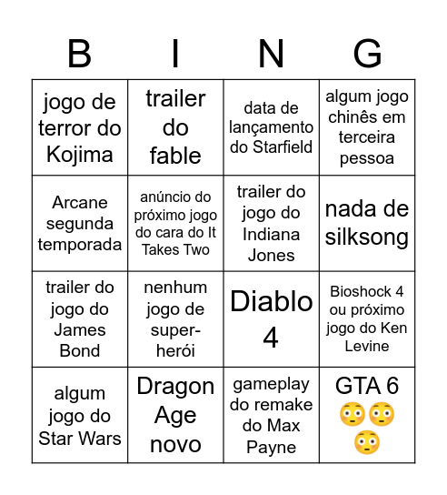 Game Awards Bingo Card
