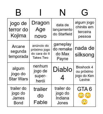 Game Awards Bingo Card