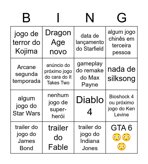 Game Awards Bingo Card