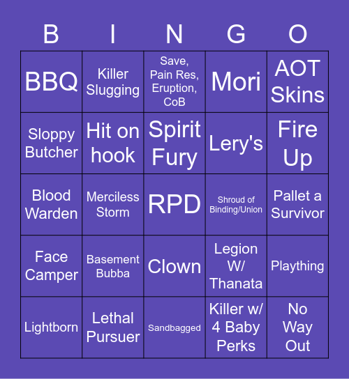 Dead by Daylight Bingo Card