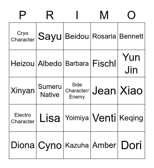 Spot the Genshin Bingo Card