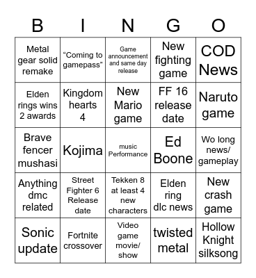 The game awards bingo Card