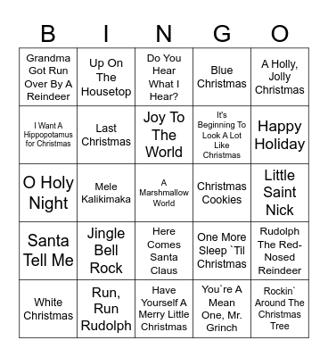 Family Christmas Hits Bingo Card