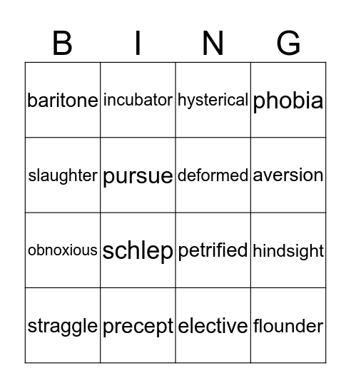 Part One August Vocabulary Bingo Card