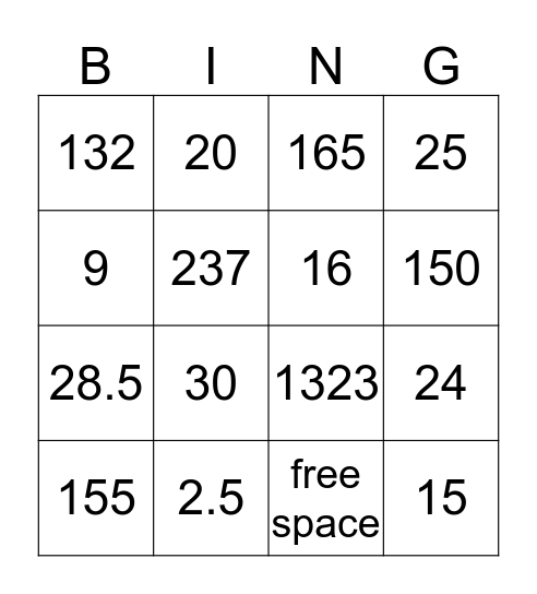 Proportions Bingo Card