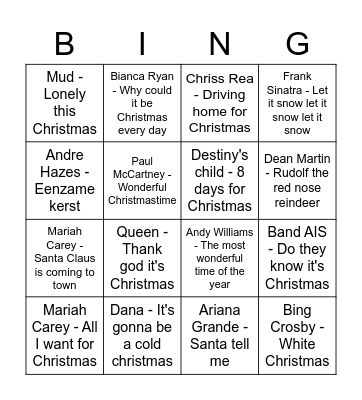 Muziek Bingo kersteditie 2022 Bingo Card