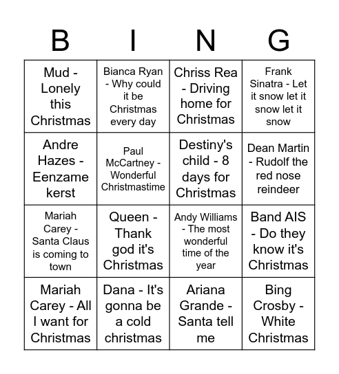 Muziek Bingo kersteditie 2022 Bingo Card