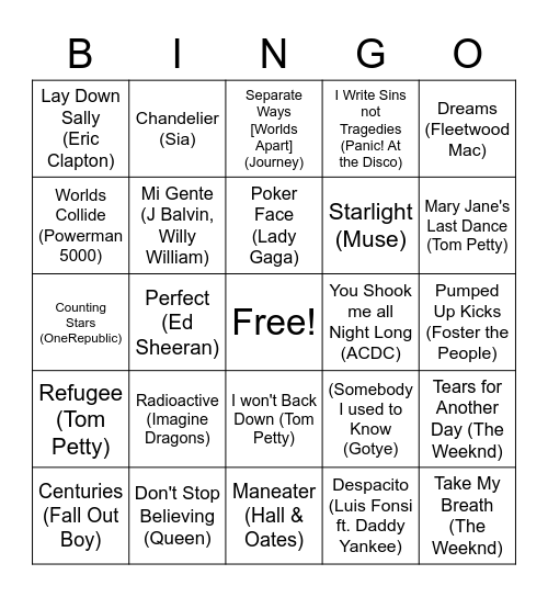 Teenage Girl Playlist Bingo! Bingo Card