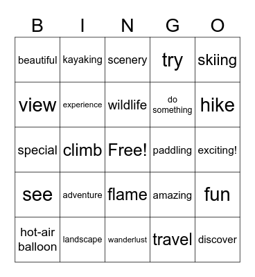 Adventure vocabulary Bingo Card