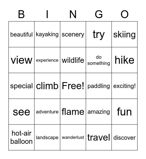 Adventure vocabulary Bingo Card