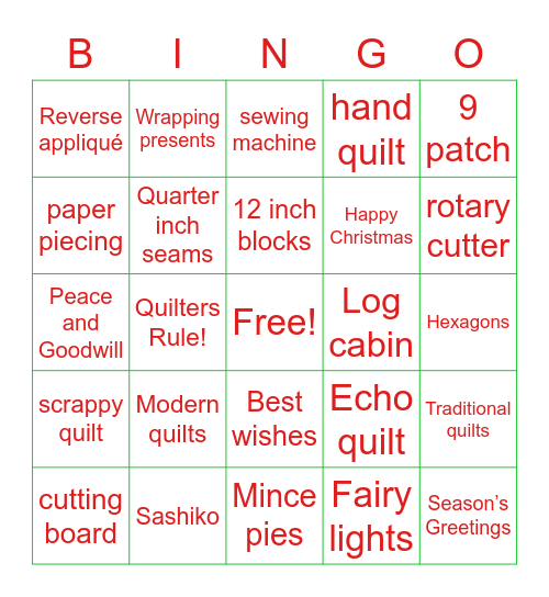 Wombourne Quilters at Christmas Bingo Card