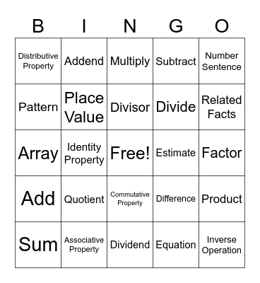 Math Vocabulary Bingo Card