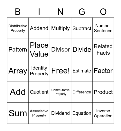 Math Vocabulary Bingo Card