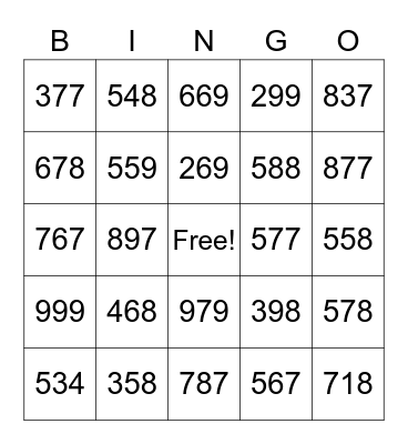 3 digit addition (answers 3 digit numbers) Bingo Card