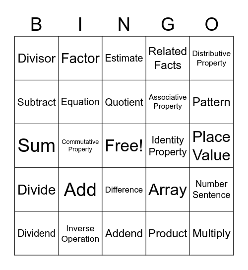 Math Vocabulary Bingo Card