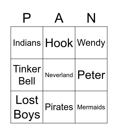 Peter Pan Bingo Card