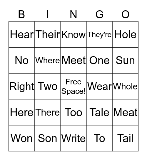 Homophones! Bingo Card