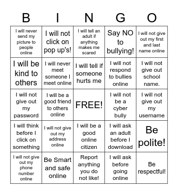 Internet Safety Bingo Card