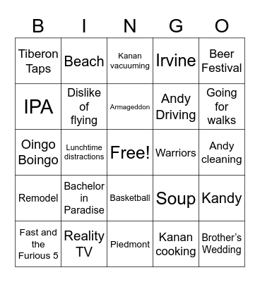 Congrats Kanan and Andy!! Bingo Card