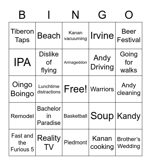 Congrats Kanan and Andy!! Bingo Card
