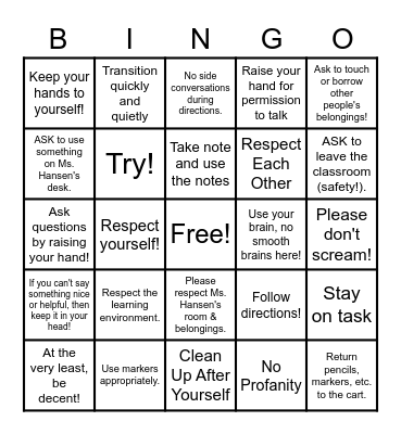 Classroom Expectations Bingo Card