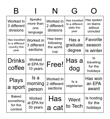 EPA Coworker Bingo Card