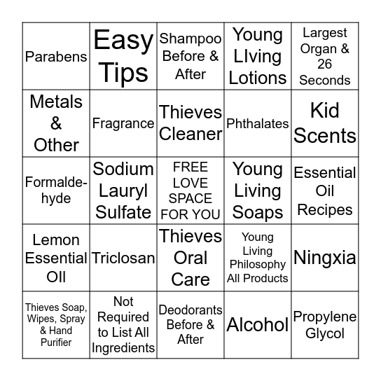 Chemical Free HOme Bingo Card