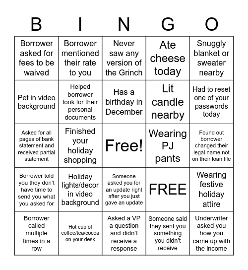 Holiday Bingo Card