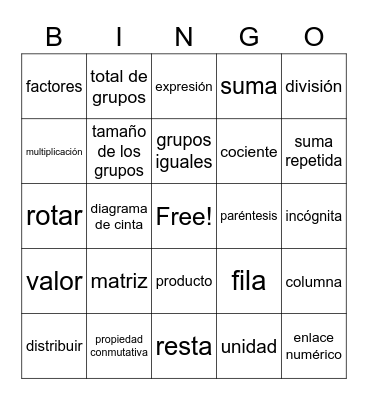 Vocabulario de Matematicas Bingo Card