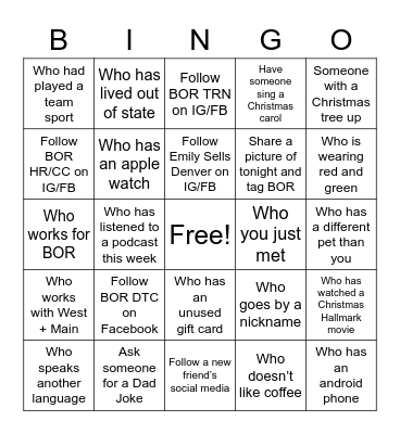 BOR Holiday Party Bingo Card