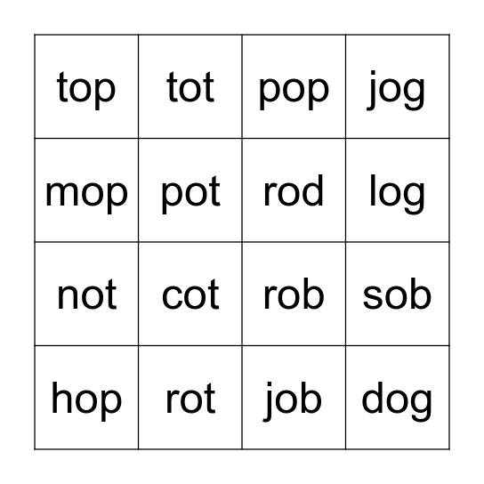 Short o CVC Words Bingo Card