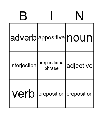 Parts of Speech Bingo Card