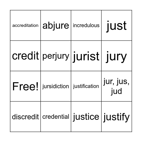 Cred & Jur, Jus, Jud Roots Bingo Card