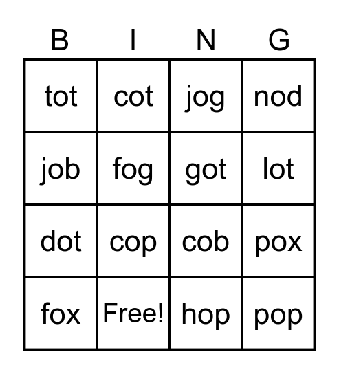 CVC- Short O Bingo Card