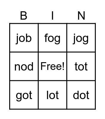 CVC- Short O Bingo Card