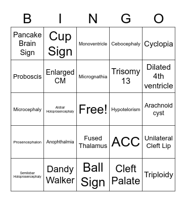 Holoprosencephaly Bingo Card