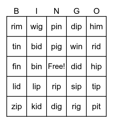 Short I- CVC Bingo Card
