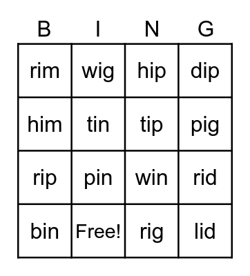 Short I- CVC Bingo Card