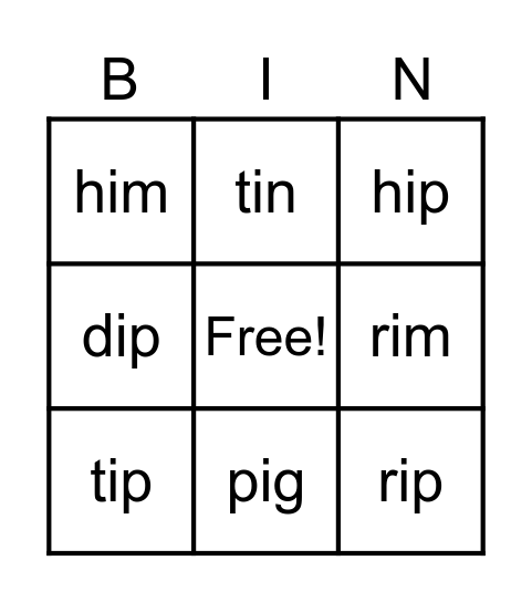 Short I- CVC Bingo Card